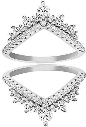 925 Sterling Silver Round CZ Corona Anello di Fidanzamento di Nozze Guard Enhancer 2pcs V-forma Stack Anelli Set Y1027, cristallo, zirconia cubica