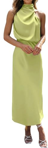 BTFBM Cocktail Dresses for Women Satin Silk Sleeveless Mock Neck High Waist Maxi Wedding Guest Dress Spring Clothes 2026(Tender Green, Small)