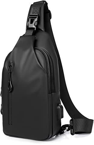 Victop Small Sling Bag Lightweight Crossbody Backpack with USB Charger Port Waterproof Sling Rucksack Bag for Men Women Multipurpose Chest Shoulder Bag for Sports Outdoor Traveling (Black)