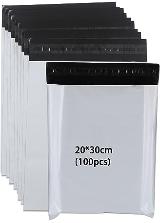 newlng Postpåsar i plast, 100 stycken, 200 x 300 mm, ogenomskinliga, slitstarka och självhäftande postpåsar för kläder, varor, textiler, logistik, förpackning, transportpåsar, vita