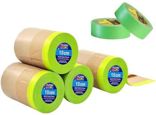 Wonninek Kraftpapier Abdeckfolie, 4 Rollen Malerfolie 15cm*15M Mit 2 Rollen Klebeband (1.5cm*15M), Bodenschutzpapier Farbe Für Karosserielack Vorgeklebtes Abdeckpapier Farbabdeckpapier