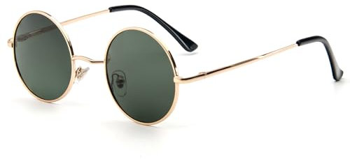 MMOWW Gafas de Sol para Hombre Mujer Redondas Vintage Polarizadas Retro Clasicas Metálico Protección UV400 (Dorado - Verde Oscuro)
