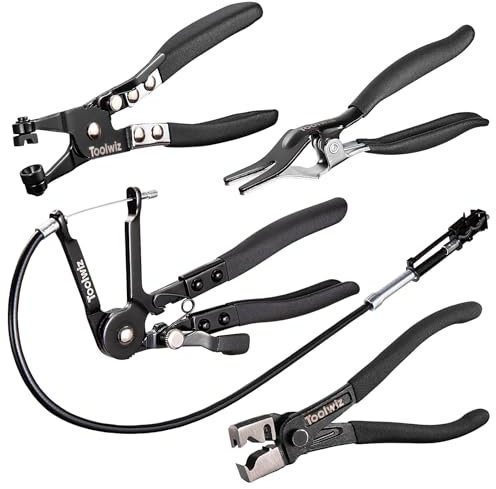 Toolwiz 4 Lot Pince Collier Durite, Pinces à Collier de Serrage de à Ressort, Comprend à Longue Portée de 68,6cm, un Bande Plate, un Extracteur, Outils Mecanique Automobile de Type Clic-R
