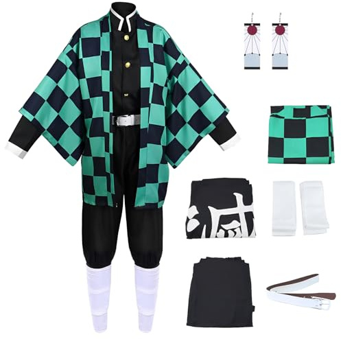 Pianocean Tanjiro Cosplay, Tanjiro Kimono Cosplay, Tanjiro Cosplay Costume, Demon Green Anime Kimono, Halloween Costumes Tanjiro Cosplay Costume for Kids & Adults Halloween Carnival Party
