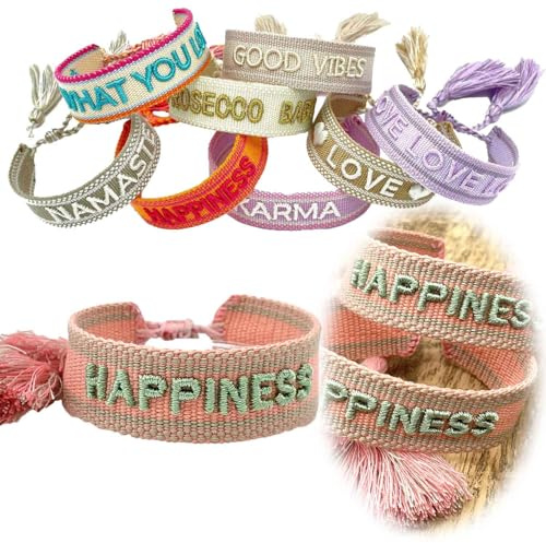 LS-LebenStil Exklusives Statement Armband - das Original - Happiness Lache Sage Grün 16-20cm Quasten besticktes Boho Canvas Webarmband Damen Freundschaftsarmband Geschenk gewebt textil Stoffarmband