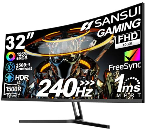 SANSUI 32 Inch Curved 240Hz Gaming Monitor High Refresh Rate, FHD 1080P Gaming PC Monitor HDMI DP1.4, Curved 1500R, 1Ms MPRT, HDR,Metal Stand,VESA Compatible(DP Cable Incl.)