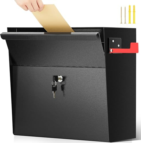 Yaocom Extra Large Wall Mount Mailboxes for Outside 15.35 x 15 x 7 Inches Locking Security Mail Box Galvanized Steel Wall Mailbox Large Capacity Post Box with Key Lock and Reflective Stickers(Black)