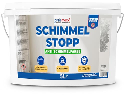 Preismaxx Feuchtraumfarbe für Badezimmer, Küche und Schlafzimmer – Wandfarbe innen weiß mit hoher Deckkraft – atmungsaktiv, feuchtigkeitsregulierend und schimmelresistent (5 Liter)