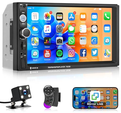 Autoradio 2 Din con Bluetooth Vivavoce IOS/Android Mirror Link 7 Pollici Autoradio Doppio Din con Bluetooth FM Radio/USB/AUX/TF Controllo del Volante Auto Stereo con Telecamera Posteriore Telecomandi