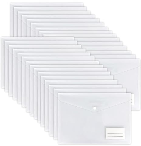 Eidoct Clear Plastic Wallets, 30 Pack A4 Plastic Folders Document Files Envelope - Popper Wallets with Label Pocket and Snap Button, for Home, School, Travel and Office Supplies Storage