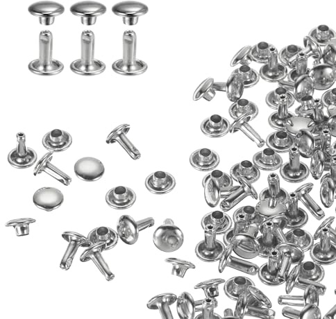 QUARKZMAN 60 set dubbel huva lädernitar, 7 x 8 mm rund huva tubulära nitar metall för läderbearbetning bälte tyg krage väska reparation dekoration, silver