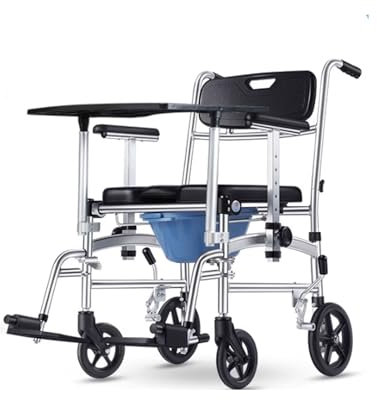 HADECOLL Chaise De Chevet 4 en 1 avec Pot, Chaise De Douche Pliable en Aluminium, Toilettes avec Accoudoirs Et Dossier, Fauteuil Roulant De Transport Étanche pour Personnes Âgées, 170 Kg, avec Bureau