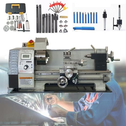KLYDBMYT Mini Torno de Metal, Torno eléctrico de sobremesa de precisión Industrial, Velocidad Variable Continua, con Caja de Herramientas de Mandril metálico, para procesar Piezas de precisión.