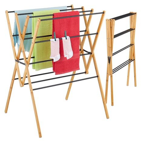 Relaxdays Stendibiancheria Pieghevole, Stendino Verticale a Torre, 12 Aste, HLP: 93 x 70 x 62 cm, in bambù e Ferro, Nero