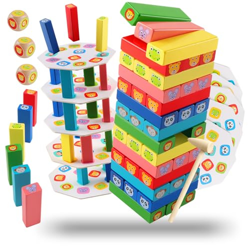 ZXShow in Legno 5-in-1 Torre di Legno di Equilibrio e Abilità con Motivi Animali Carte e Dadi Struttura Creativa in Legn Naturale Design Colorato Ideale per Relax Decorazione e Regalo