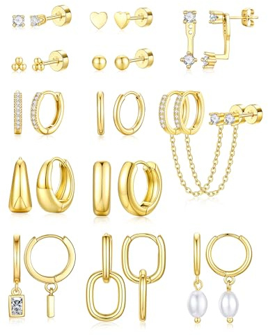 TINGN 13 Pairs Flat Back Studs Hoop Earrings Set for Women, Dainty 14K Gold Plated Hypoallergenic Studs Pearl Cz Hoop Earrings for Sensitive Ears Lightweight Small Earring Jewelry for Gift