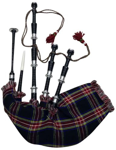 Great Scottish Highland Bagpipes Beginner Full Set — Rosewood Natural Finish with Tartan Cover, Silver Mounts, Tutor Book, Carry Bag, Reeds & Drones (Black Finish, Black Stewart)