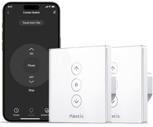 Maxcio Interruptor Persiana WiFi Inteligente, Conmutador de Cortina Compatible con Alexa y Google Home, Temporizador Automático, Panel de Vidrio Táctil Empotrable, Requiere Cable Neutro, 2 Packs