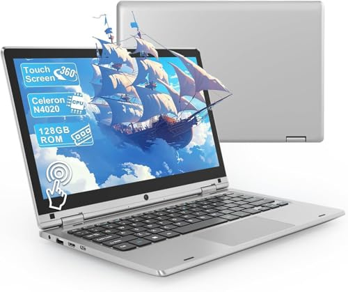 PINSTONE 11,6 Pollici Laptop - Celeron N4020 6 GB di RAM 128 GB di SSD, PC portatile touch pieghevole a 360°, 2,4/5 GHz WiFi, Bluetooth 4.2, W 11P, Mini HDMI, Small Laptop Extension SD - Argento