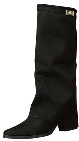 Botas holgadas de gamuza para mujer con hebilla de tacón de bloque hasta la rodilla, Black, 40 EU | Botines de vaquero occidentales con puntera redonda y pliegues, para otoño e invierno