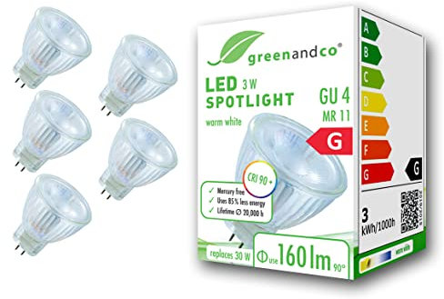 greenandco 5x Ampoule LED MR11 GU4 | CRI 90+ | 3W 160 lm | 3000K blanc chaud | 38° | 12V AC/DC | non dimmable