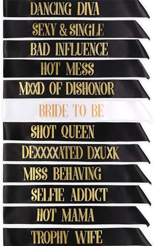 STAY GENT 12 Pieces Bride to Be Sashes Set 11 Pieces Black with 1 Piece White Sashs Gold Text for Hen Night Party Wedding Ladies Night Out