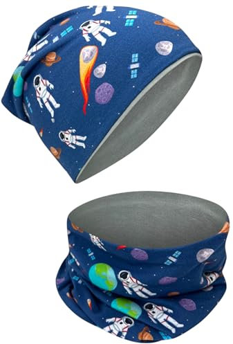 HECKBO Astronaut Beanie & Loop Schal Set - Wendemütze für Kinder, 2-8 Jahre, 95% Baumwolle - Wintermütze Kinder