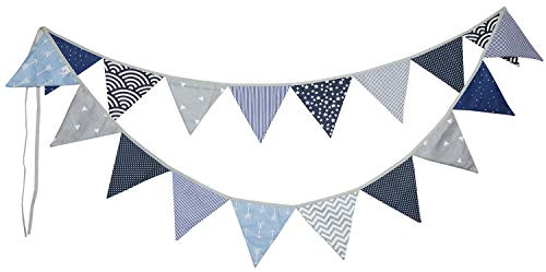 PREMYO Festoni Bandierine Colorate Stoffa Triangolari - Decorazione Cameretta Bambino Ghirlanda Nascita - Blu Grigio