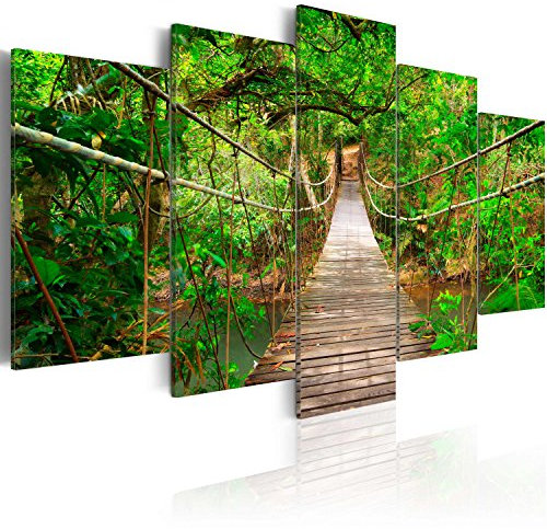 B&D XXL - Wandbilder XXL Landschaft 150x75cm 5 tlg - Wand Deko Leinwand Bilder Groß Wanddeko Wohnzimmer Schlafzimmer Kunstdrucke - Brücke Natur Dschungel Fluss 030212-107