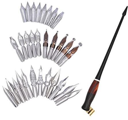 SIPLIV Juego de soporte oblicuo para bolígrafo de caligrafía, mango de madera con 30 puntas de acero inoxidable para bolígrafo manga para caligrafía inglesa, dibujo, cómic, color negro