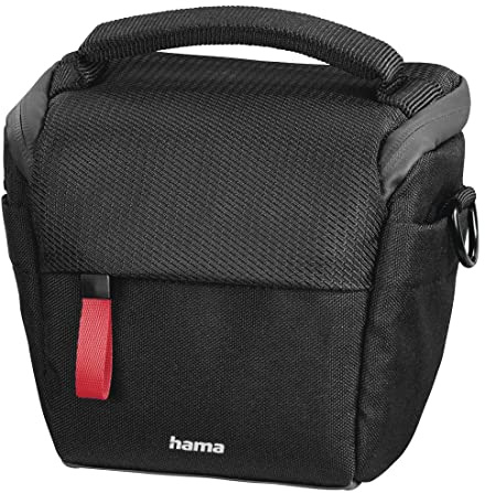 Hama Kameratasche Matera 100 Colt (kompakte Fototasche für Gürtelschlaufe, Colttasche für Digitalkamera und Zubehör, Umhängetasche mit Schultergurt und Zubehörfächern, recyceltes PET) schwarz