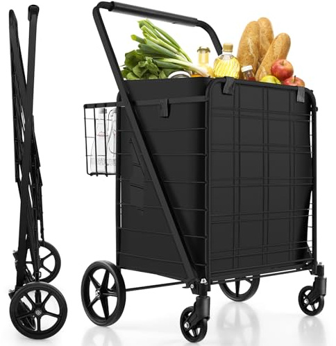 GYMAX Carro de Compra Plegable con Ruedas, Cesta Grande con Doble Cesta y Bolsa Oxford Impermeable Extraíble, Carga Máxima 100kg, Ideal para IR de Compras (Negro)