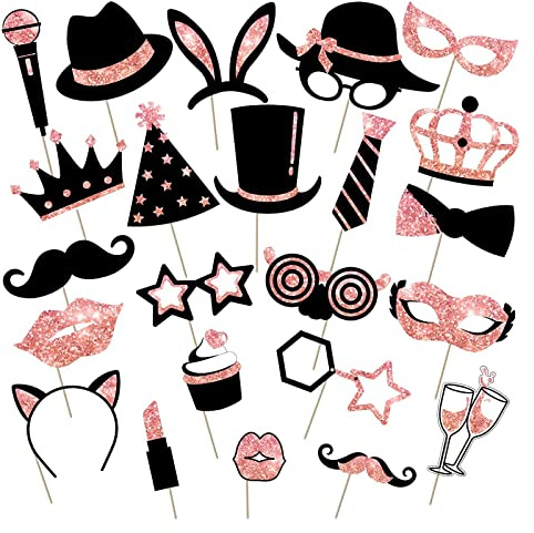 24 Piezas Foto Props de Fiesta de Sombreros, DIY Photo Booth Props,Accesorios Photocall para Fiesta Cumpleaños Boda Comunión Navidad, (Oro Rosa)