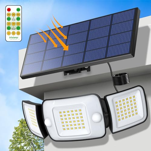 intelamp Focos Exterior Solares, 6000mAh Doble Sensor 270°Iluminación Sensor de Movimiento, 6500K, IP65 Luz Solar Exterior Jardin Lampara Solar con Mando a Distancia para Jardín, Garajes, 4 Modes