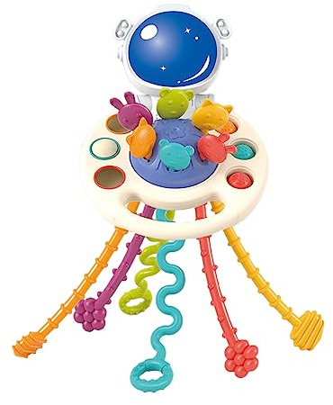 Infant Grasping Toy Cartoon Duck Astronaut Pull Stick Teething Toy Grip Training Educational Toys Rattle Teether Baby Pulling Sensory Toy Valentine's Day/Christmas/Birthday Gifts (D)