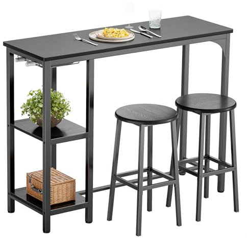 Bealife Juego de Mesa de Bar Alta con 2 Taburetes - Mesa Alta para Cocina o Salón con 2 Estantes y Portabotellas de Vino (Negro)