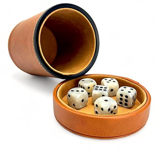Luck Lab Brown Leather Dice Cup with Lid Including 6 Matching Pearl Dice - Tan Velvet Interior for Quiet Shaking - Use for Liars Dice Farkle Yahtzee Board Games