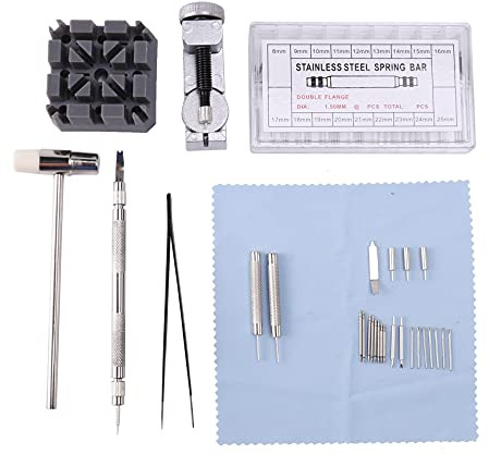 Kljuyhat Uhrenarmband-BÜGel-Tool-Kit, 98 in 1-Verbindungs-Remover, Federstegwerkzeug Mit Extra 72Pcs Pins, 15st Splint, 1Pcs Halter, 1Pcs Kopf Hammer, 1Pcs Pinzette, 1Pcs Brillenputztuch