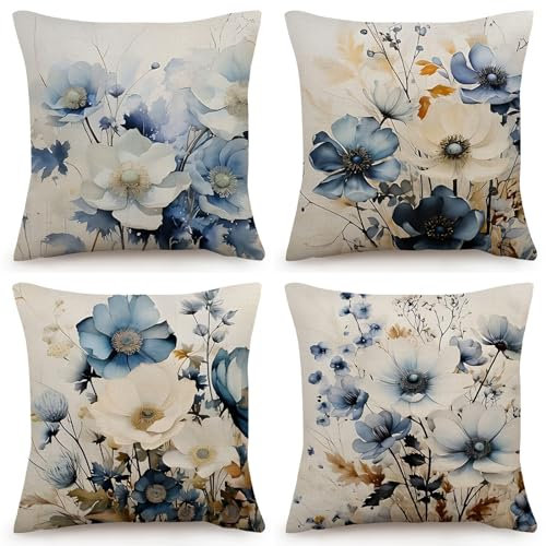 OYIMUA Kissenbezug 40x40 Blue 4er Set Blumen Kissenbezüge Leinen Deko Sofakissen Quadratisch Kissenhülle Garten Dekokissen Outdoor Kissen Bezug Zierkissen Aesthetic Couchkissen