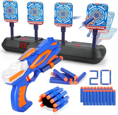 Electronic Digital Target with Gun Toy for Nerf, Pistol Toy with Foam Bullets for 3 4 5 6 7 8 9 10 Year Old Kids Boy Girl Children Shooting Game Xmas Birthday Gift Present Stocking Filler Cool Stuff