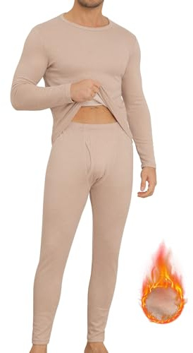 KUYIGO Biancheria Intima Termica da Uomo a Maniche Lunghe Top a Maniche Lunghe da Uomo Foderato in Pile Termico Top e Pantaloni Set ad Asciugatura Rapida, Cachi, L
