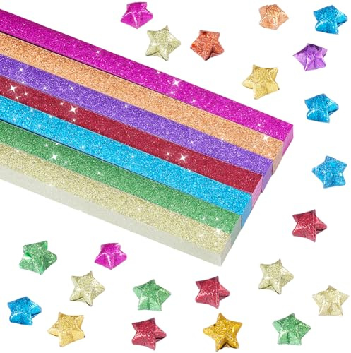 SUNNYCLUE 520Pcs 7 Colors Origami Stars Paper Star Strips Lucky Gradient Colorful Shiny Glitter Shimmer Double Sided Rectangle Decoration Folding Origamis Strip for Arts DIY Hand Crafting Supplies