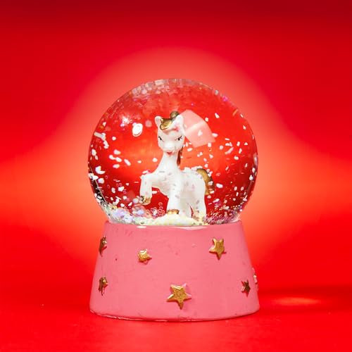 SIKORA SK44 Kleine Glas Deko Schneekugel Einhorn Weiss Gold Pink D:45mm