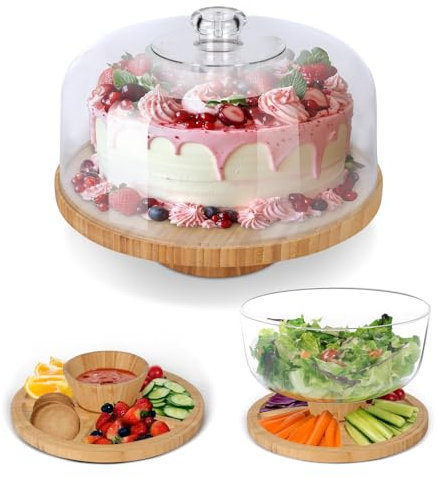 Masthome Cake Stand with Dome Lid,Wooden Cake Stand,Multifunctional 6 in 1 Clear Cake Plate for Snack Fruit Server Salad Bowl Kitchen Party BBQ