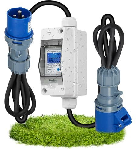 Compteur d'électricité numérique mobile 230V 60A avec prise CEE (prise européenne), étanche IP67, prise industrielle Compteur d'électricité LED