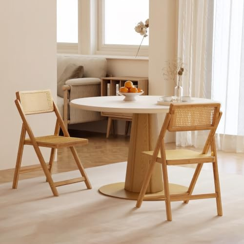 Warmiehomy Rattan Folding Kitchen Dining Chairs Set of 2, Installation-Free | Wooden Dining Room Chairs for Living Room Bedroom Camping Garden, Indoor & Outdoor, Bamboo & Wood Frame, Rattan Back & Seat