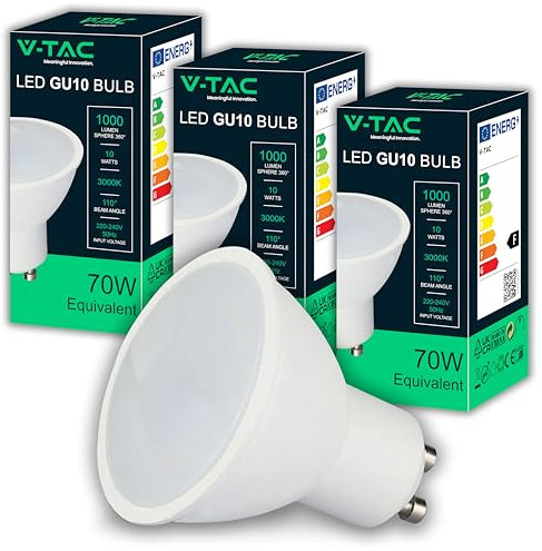 V-TAC 3x Lampadine LED GU10 - Alta Luminosità 10W (Equivalenti a 70W) - 1000 Lumen- Faretto Led GU10 per Massima Efficienza e Risparmio Energetico - 3000K Luce Calda