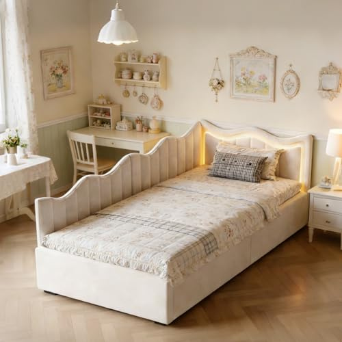YNYHTER Lettino imbottito per bambini, 90 x 200 cm, letto singolo con struttura a LED con rete a doghe, letto per ragazzi con testiera, velluto,senza materasso (beige B, 90 x 200 cm)