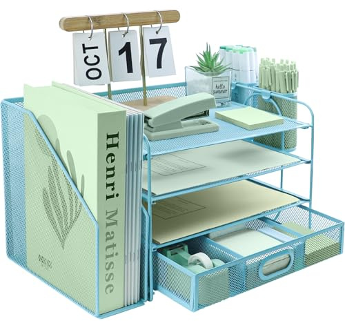 4 Tier Desk File Organiser with Extra Vertical File Sorter, Paper Letter Tray with Top Stationery Drawer Holder, A4 Paper Desktop Filing Trays, Magazine Document Holder for Home Office, Sky Blue