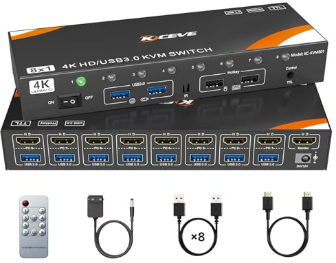 Conmutador KVM HDMI 8 ordenadores y 1 monitor con tecla de acceso rápido, conmutador KVM USB 3.0 con soporte 4K @ 60Hz para 8 PC con teclado y ratón compartidos, compatible con Windows/Linux/Mac, etc
